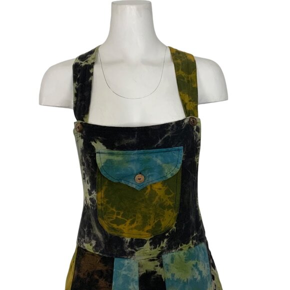 Patchwork Tie Dye Harem Overalls Jumpsuit L/XL Tie Back Pockets Bohemian - Picture 6 of 12